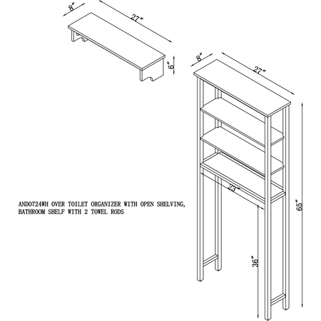 Alaterre Furniture Dover Over Toilet Organizer with Open Shelving, Bathroom Shelf with 2 Towel Rods ANDO724WH